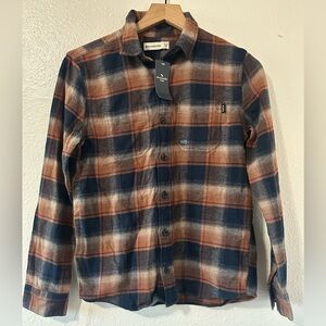 Abercrombie Kids flannel button-up shirt in a brown and navy plaid pattern 11/12